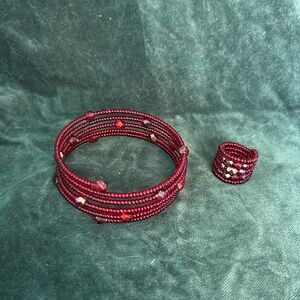 Handmade red beaded bracelet and ring set